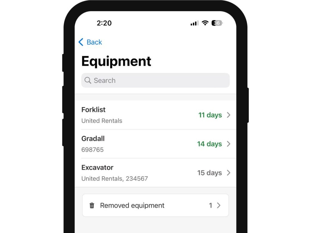 Construction equipment management software app on phone.